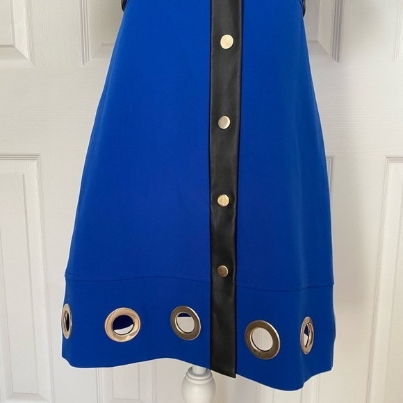 Karen Millen- NWT Blue Stretch Mini Dress w Silver Ring Cutout and Leather Trim - Picture 8 of 13